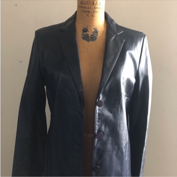 ISOFACE] Sheepskin Leather Navy Blue Tailor collar Single buttondown Long Coat - Picture 3 of 11